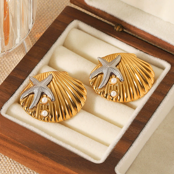 Stainless Steel Shell Geometric Starfish Earrings Electroplated For Women
