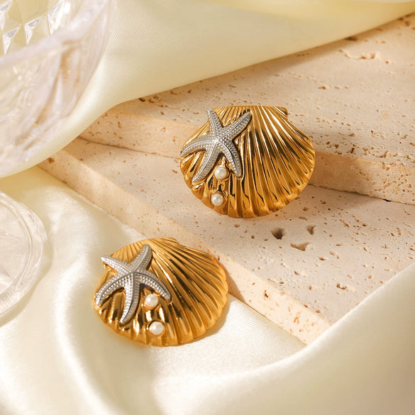 Stainless Steel Shell Geometric Starfish Earrings Electroplated For Women