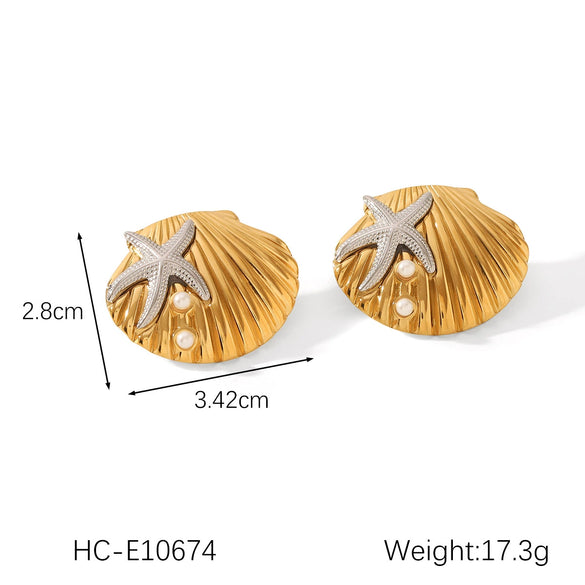 Stainless Steel Shell Geometric Starfish Earrings Electroplated For Women