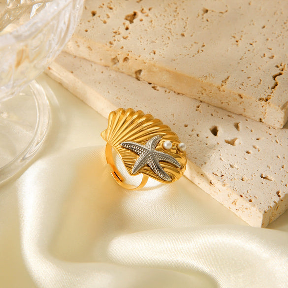 Stainless Steel Shell Geometric Starfish Pearl Ring Electroplated Women's Marine Jewelry