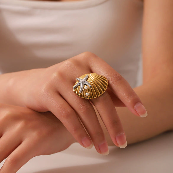 Stainless Steel Shell Geometric Starfish Pearl Ring Electroplated Women's Marine Jewelry