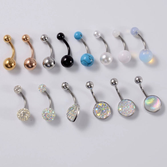 Stainless Steel Simple Geometric Electroplated Navel Ring With Colorful Fish Scale Pearl Ball And Acrylic Opal Mud Diamond Ball
