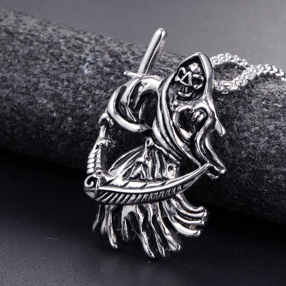 Stainless Steel Skull Sickle Pendant Cast Metal Belief Style Jewelry Necklace Charm For Men And Women