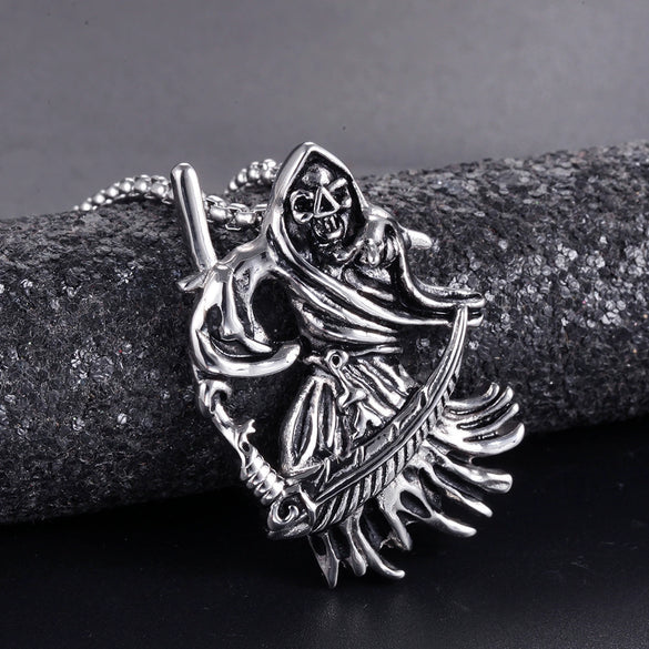 Stainless Steel Skull Sickle Pendant Cast Metal Belief Style Jewelry Necklace Charm For Men And Women