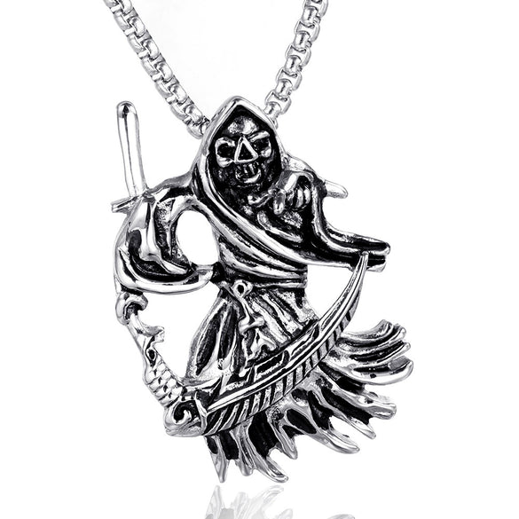 Stainless Steel Skull Sickle Pendant Cast Metal Belief Style Jewelry Necklace Charm For Men And Women