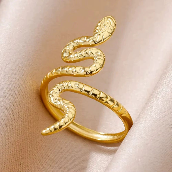 Stainless Steel Snake Animal Exaggerated Gothic Punk Style Electroplated Open Ring Jewelry