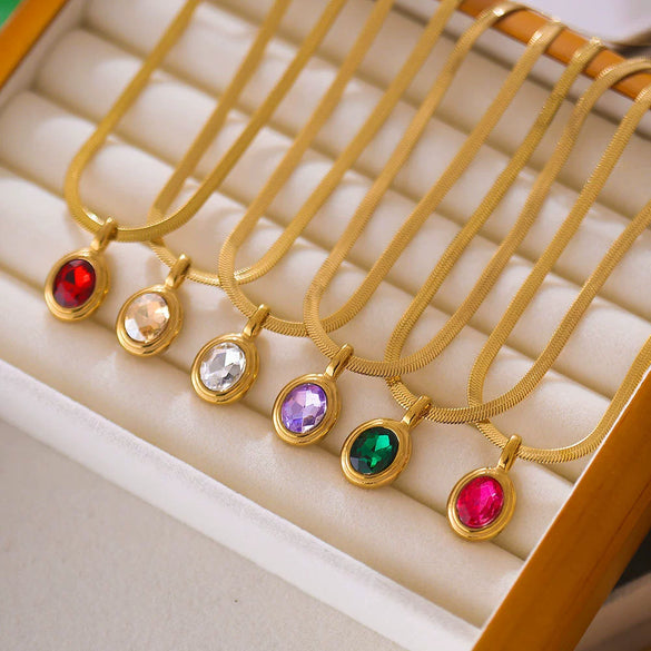 Stainless Steel Snake Chain Necklace With Oval Color Zircon Pendant Electroplating Light Luxury Retro Style Unisex