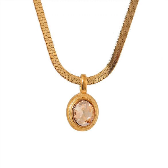 Stainless Steel Snake Chain Necklace With Oval Color Zircon Pendant Electroplating Light Luxury Retro Style Unisex