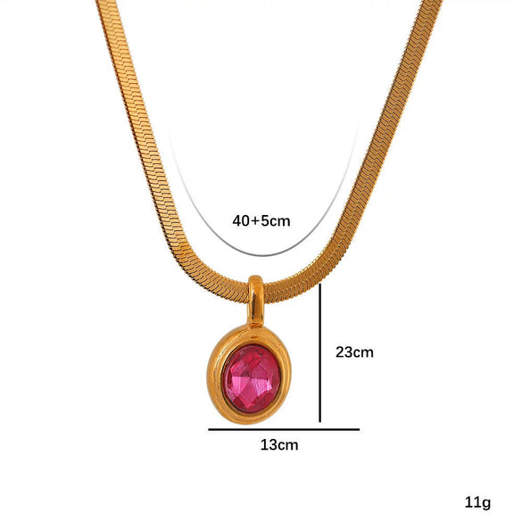 Stainless Steel Snake Chain Necklace With Oval Color Zircon Pendant Electroplating Light Luxury Retro Style Unisex