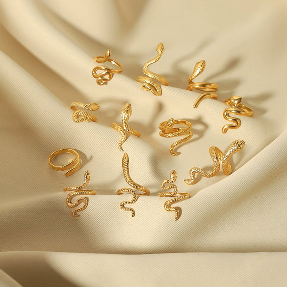 Stainless Steel Snake Shaped Geometric Ring For Women With Vacuum Electroplated 18K Gold Finish