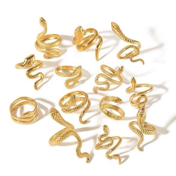 Stainless Steel Snake Shaped Geometric Ring For Women With Vacuum Electroplated 18K Gold Finish