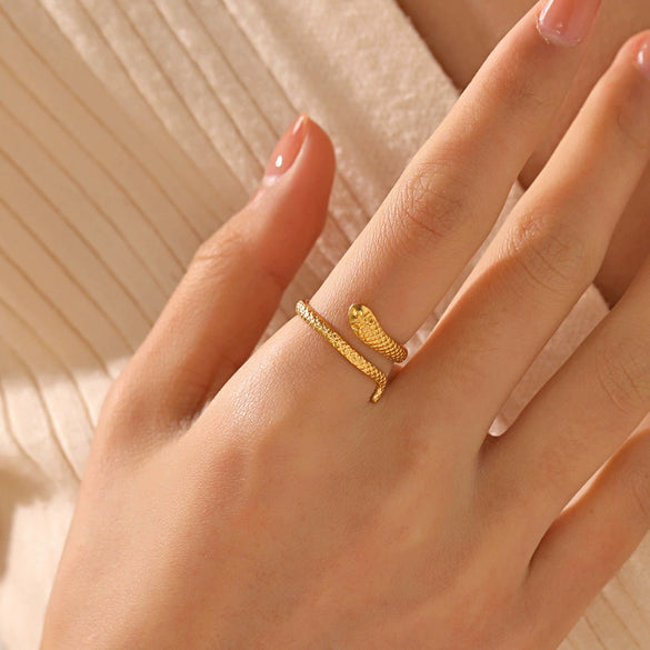 Stainless Steel Snake Zodiac Ring For Women With 18K Real Gold Electroplated