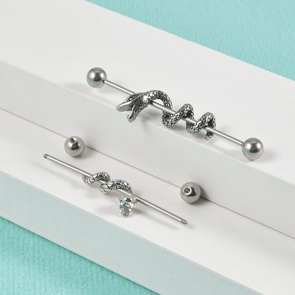 Stainless Steel Snakeshaped Barbell Earrings With Animal Zodiac Style And Electroplating Treatment