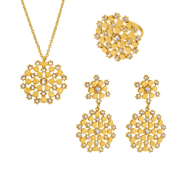 316L Stainless Steel Snowflake Czech Rhinestone Jewelry Set With 18K Real Gold Electroplating For Women