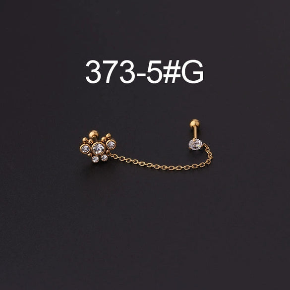 Stainless Steel Split Double Ear Hole Screw Ball Earring With Chain Simple Style