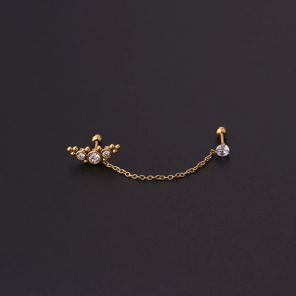 Stainless Steel Split Double Ear Hole Screw Ball Earring With Chain Simple Style