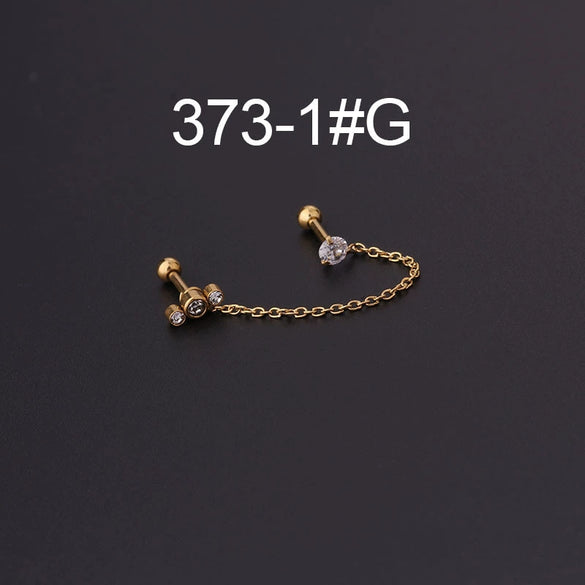 Stainless Steel Split Double Ear Hole Screw Ball Earring With Chain Simple Style