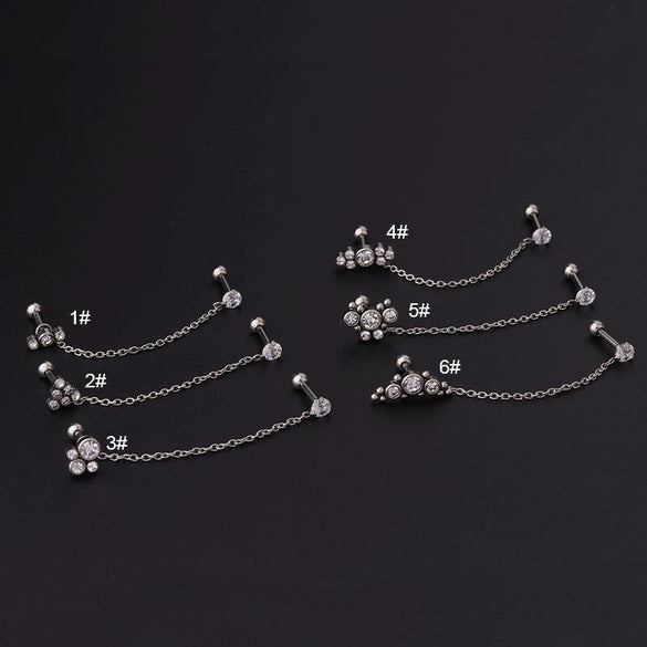 Stainless Steel Split Double Ear Hole Screw Ball Earring With Chain Simple Style