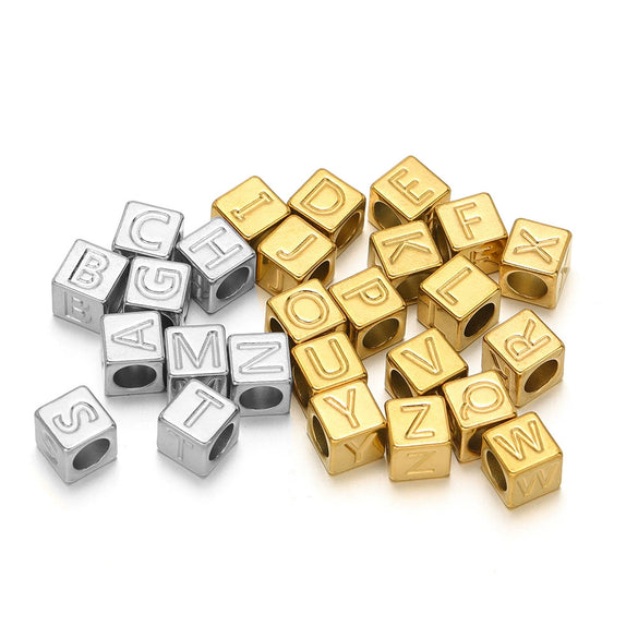 Stainless Steel Square Bead Jewelry Accessories With Engraved English Letters And Electroplating