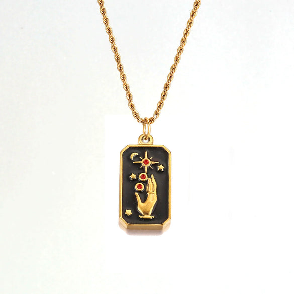 Stainless Steel Square Drop Tarot Necklace With Star Sun Pendant Fashion Vintage Clavicle Chain Geometric Style Electroplated