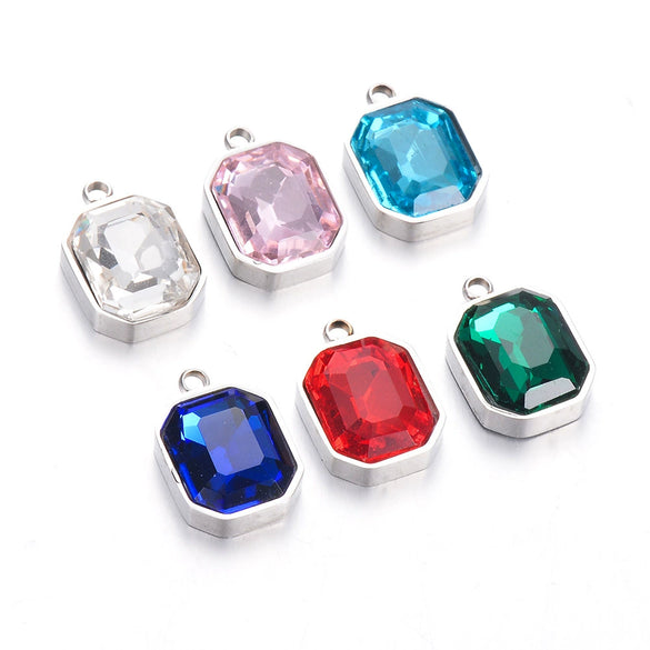 Stainless Steel Square Pendant Necklace And Diy Earrings Accessories With Sapphire Blue Glass Crystal Electroplating
