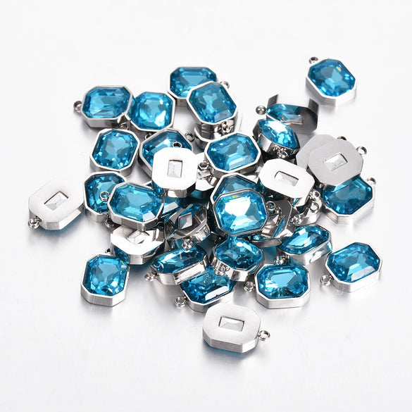 Stainless Steel Square Pendant Necklace And Diy Earrings Accessories With Sapphire Blue Glass Crystal Electroplating