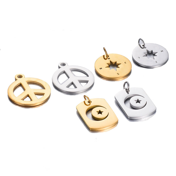 Stainless Steel Square Pendant With Peace Symbol Disc Compass Star Moon Hollow Design Electroplated
