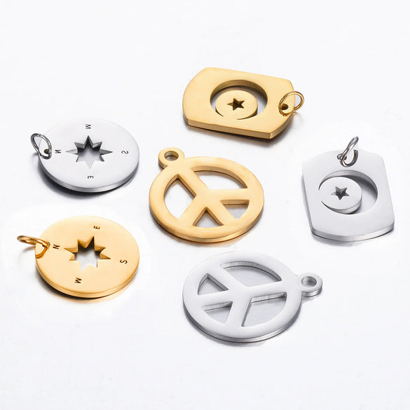 Stainless Steel Square Pendant With Peace Symbol Disc Compass Star Moon Hollow Design Electroplated