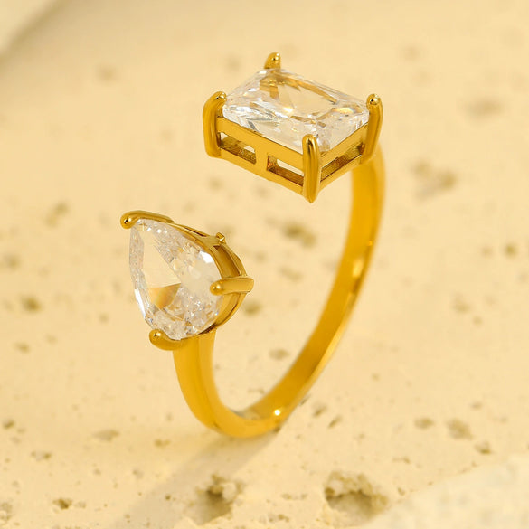 Stainless Steel Square Water Drop Zircon Open Nonfading Ring Jewelry For Women With Electroplating