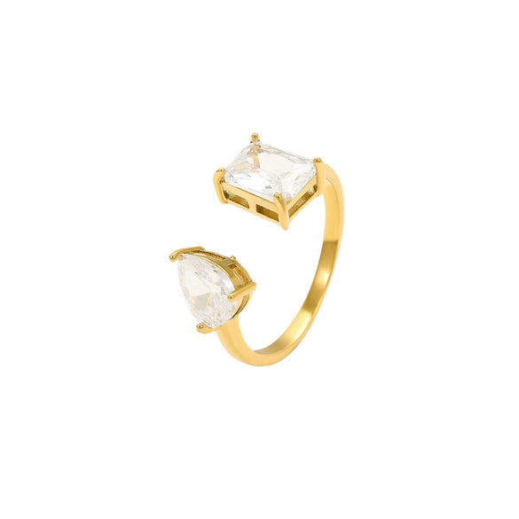 Stainless Steel Square Water Drop Zircon Open Nonfading Ring Jewelry For Women With Electroplating
