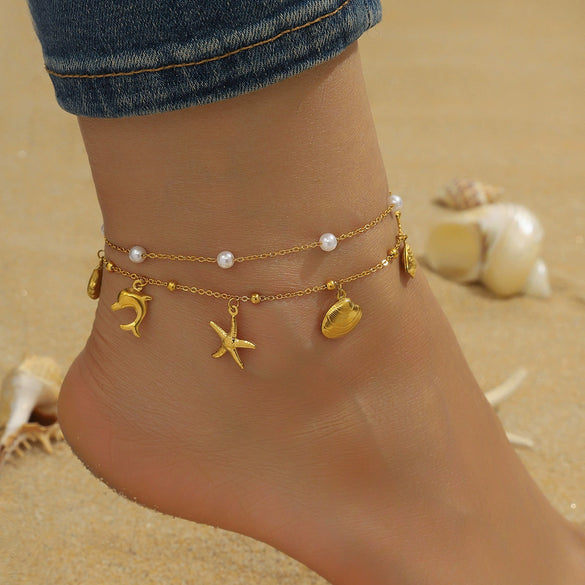 Stainless Steel Stacking Style Women's Anklet With Shell Starfish Tropical Fish Pendant And Animal Zodiac Pattern