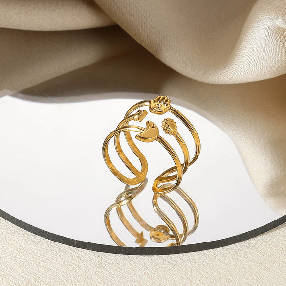 Stainless Steel Star Moon Geometric Constellation Electroplated Open Ring