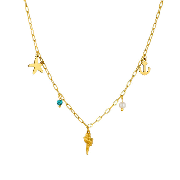 Stainless Steel Starfish Anchor Conch Pendant Necklace With Box Chain Electroplated For Women Personality Animal Style
