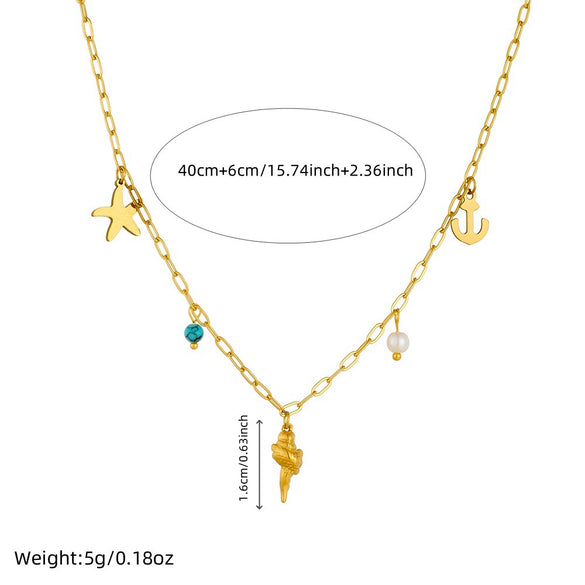 Stainless Steel Starfish Anchor Conch Pendant Necklace With Box Chain Electroplated For Women Personality Animal Style