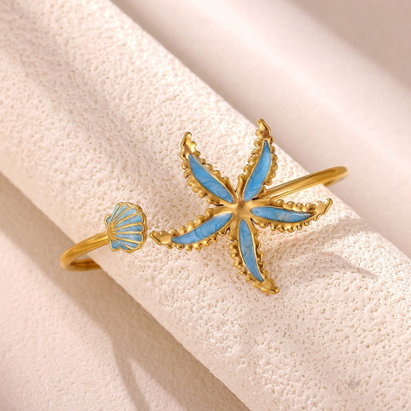 Stainless Steel Starfish And Shell Open Bangle With Pearl And Zircon Accents Adjustable Jewelry Bracelet For Women