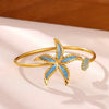 Stainless Steel Starfish And Shell Open Bangle With Pearl And Zircon Accents Adjustable Jewelry Bracelet For Women