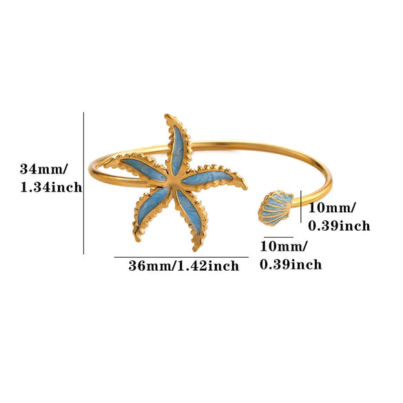 Stainless Steel Starfish And Shell Open Bangle With Pearl And Zircon Accents Adjustable Jewelry Bracelet For Women