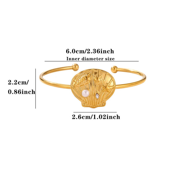 Stainless Steel Starfish And Shell Open Bangle With Pearl And Zircon Accents Adjustable Jewelry Bracelet For Women