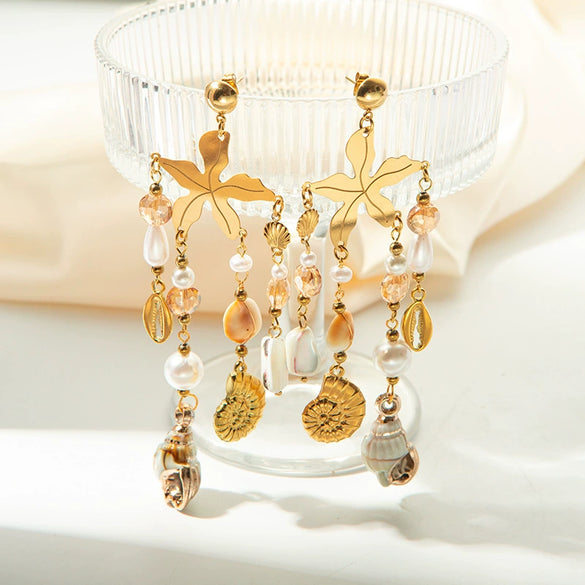 Stainless Steel Starfish Pendant Earrings Electroplating Natural Style Women's Jewelry