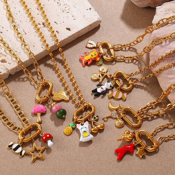 316L Stainless Steel Strawberry Mushroom Fashion Multielement Necklace For Women With Electroplating