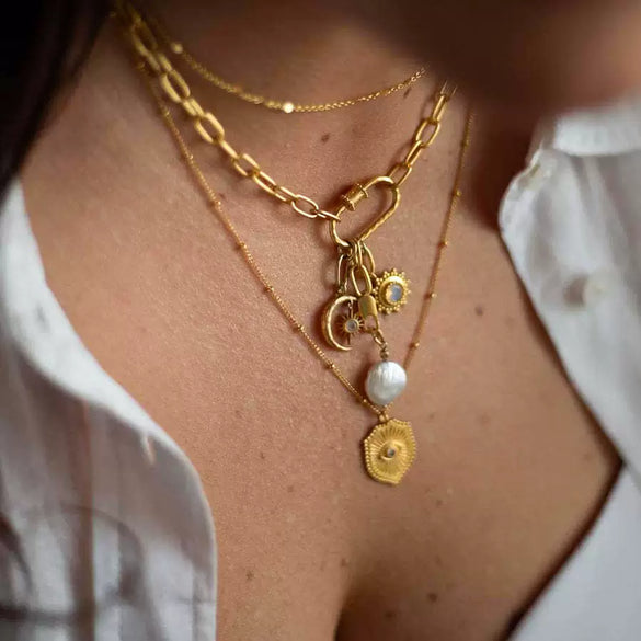 Stainless Steel Sun Moon Zirconium Inlaid Pendant Necklace Bracelet Vacuum Electroplated 18K Gold Color