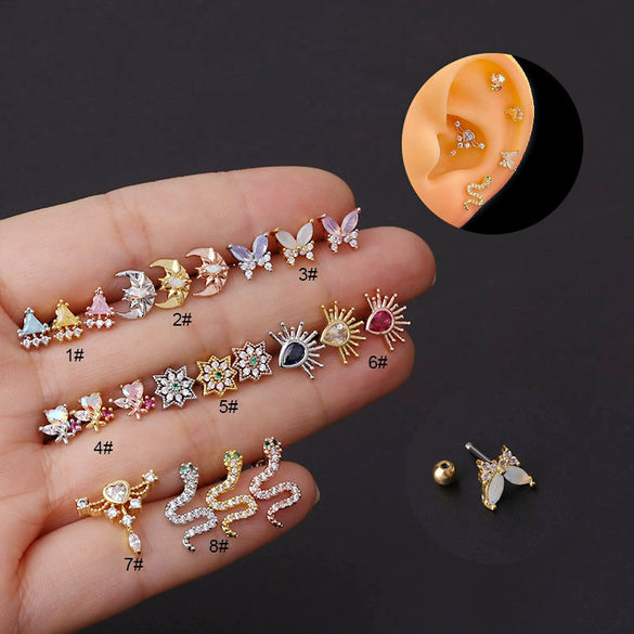 Stainless Steel Thin Rod Colorful Zircon Piercing Earrings With Animals Zodiac Pattern Electroplated For Women