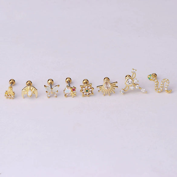 Stainless Steel Thin Rod Colorful Zircon Piercing Earrings With Animals Zodiac Pattern Electroplated For Women