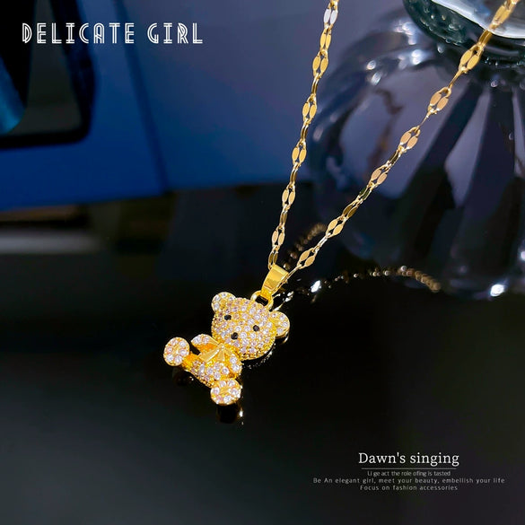 Stainless Steel Threedimensional Bear Geometric Micro Diamond Women's Necklace