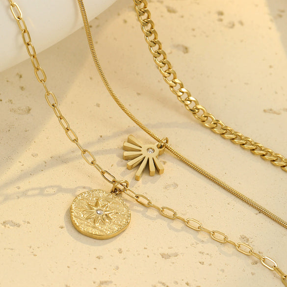 Stainless Steel Threelayer Round Pendant Necklace Electroplating Geometric Style Women's