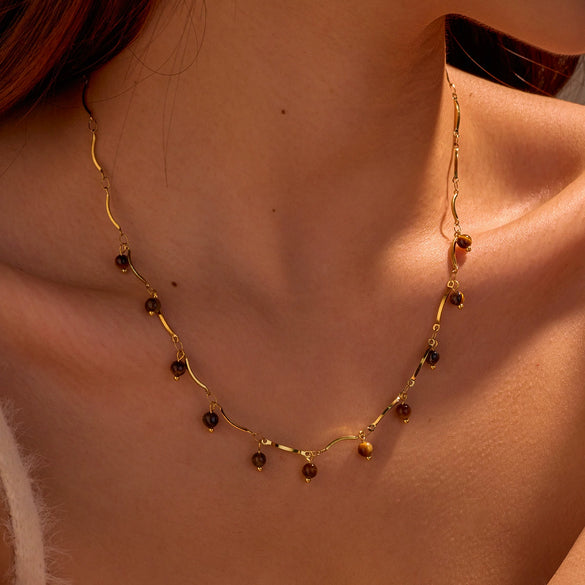Stainless Steel Tiger Eye Stone Tassel Pendant Necklace For Women Electroplated Fashion Style