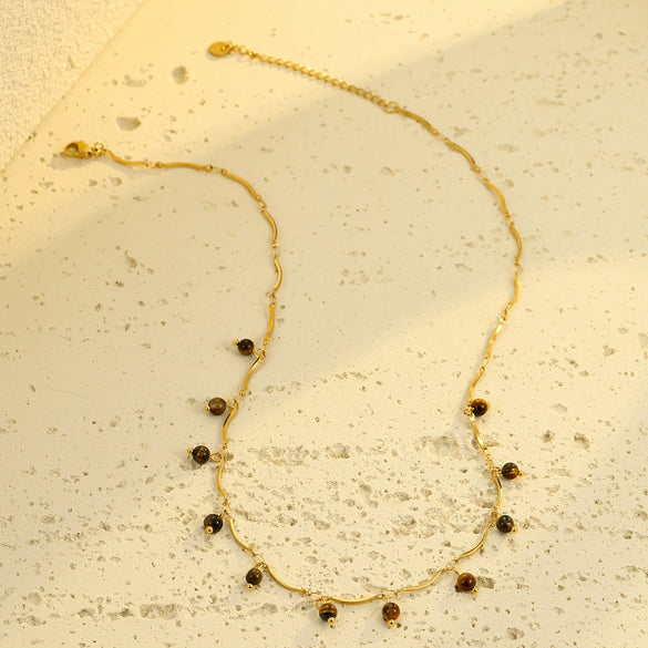 Stainless Steel Tiger Eye Stone Tassel Pendant Necklace For Women Electroplated Fashion Style