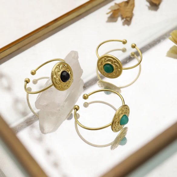 Wholesale Jewelry French Style Geometric Round 304 Stainless Steel Natural Stone 18K Gold Plated Inlay Open Rings