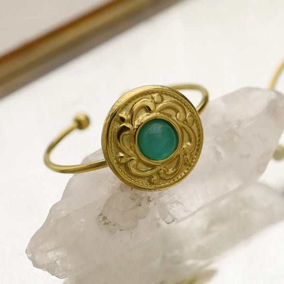 Wholesale Jewelry French Style Geometric Round 304 Stainless Steel Natural Stone 18K Gold Plated Inlay Open Rings