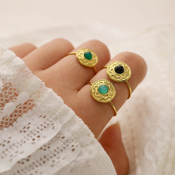 Wholesale Jewelry French Style Geometric Round 304 Stainless Steel Natural Stone 18K Gold Plated Inlay Open Rings